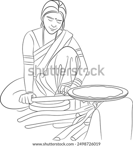 Indian woman cooking food with traditional way, hand drawn in thin line style