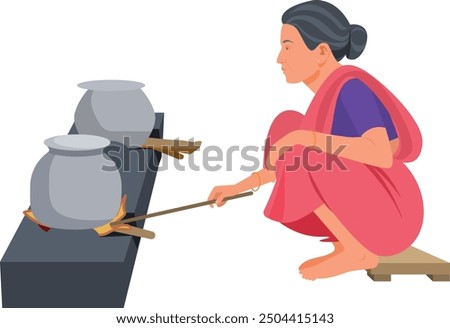 Indian village woman cooking food with traditional way of baking chapati on wood fire 