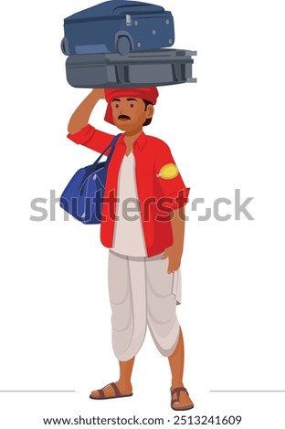 Indian railway porter, railway porter in red uniform carrying luggage at railway station