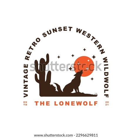 Vintage retro western desert lone wolf logo design badge. night wolf vector illustration