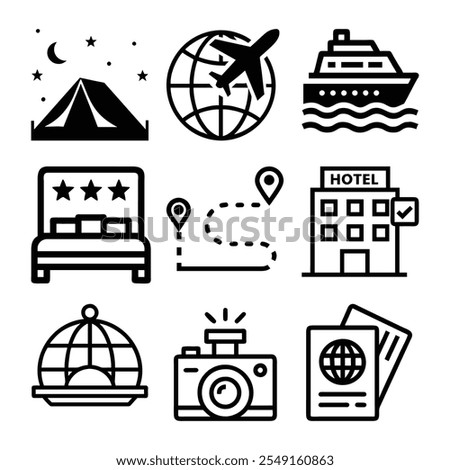 Explore a diverse collection of travel and hospitality icons perfect for web design, app interfaces, and digital projects. Enhance your visuals with high-quality, customizable icons for destinations, 