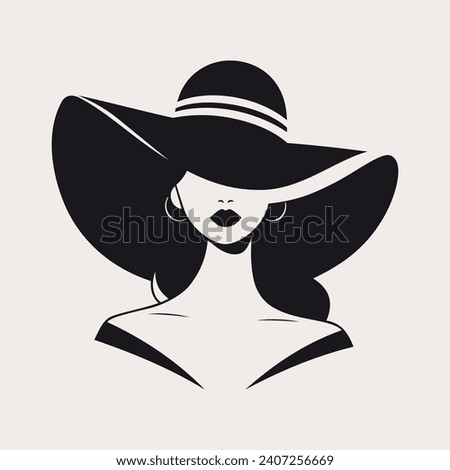 Portrait of a beautiful woman in an elegant wide-brimmed hat in a minimalist style. Young girl in a dress. High Fashion vector illustration.