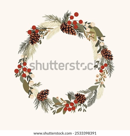 Similar – Image, Stock Photo Christmas composition. Round frame of red and golden Christmas baubles and festive ribbons on dark background, top view