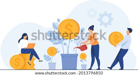 Young investors working for profit, dividend or revenue flat vector illustration. Cartoon employees investing capital. Investment, money and finance concept