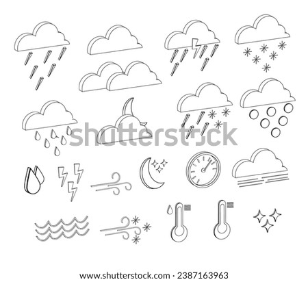 set of contour icons weather forecast isometric.Pack isometric elements clouds, sun, rain, thermometer, hail, tide, low tide, barometer, moon, stars, snowflakes, wind, lightning. Vector illustration я