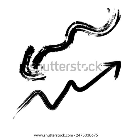 Two vector grunge wavy arrows indicating uneven movement. Drawn arrow for schematic diagrams. Direction signs, grunge arrow. Vector drawing.