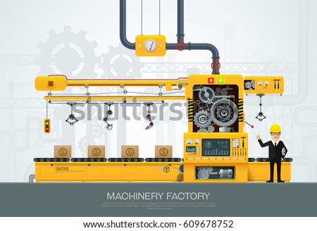 Factory Industrial machine manufacture convoy unit construction engineering equipment  with engineer vector illustration