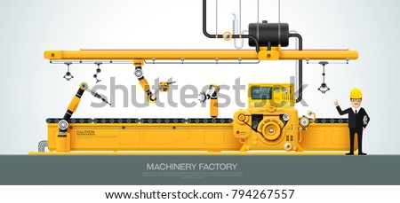 Factory Industrial machine manufacture convoy unit construction engineering equipment  with engineer vector illustration