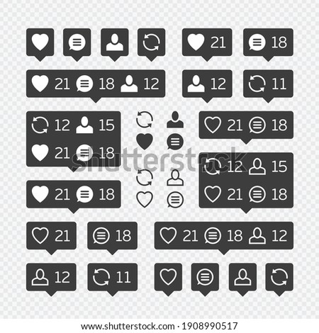 Social network icons pack on white background. Like, comment, follow and repost. Notification Tooltip with heart, user, speech bubble, counter. Social network icons pack. 
