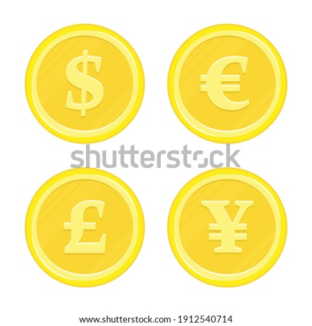 World currency icons Dollar, Euro, Yen and Pound sterling. Currency Gold Coins. Business, finance or currency exchange concept. Vector illustration in modern flat style. 