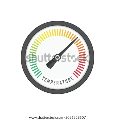 Round temperature gauge, isolated on white background. Colored measuring semicircle scale in flat style. Template of circle barometer or indicator. Vector illustration EPS 10.