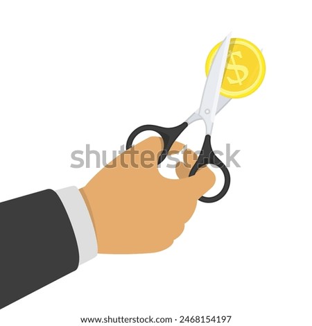 Hands holding scissors and cutting gold coin. Reducing cost concept. Businessman Cutting dollar. Big discount. Half price. 