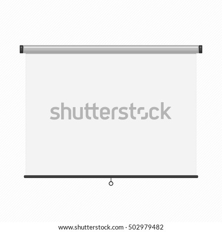 The hanging projection screen isolated on white. Empty presentation board, blank whiteboard for conference.