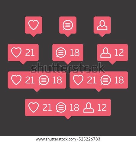 Social network icons pack on black background. Like, comment, follow. Notification Tooltip with heart, user, speech bubble, counter.