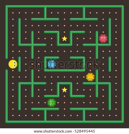 Pac Man analog. Game concept with ghosts. Modern arcade video game interface design elements. Game world. Computer or mobile game screen. 
