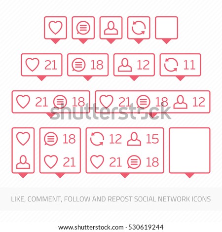Social network icons pack on white background. Like, comment, follow and repost. Notification Tooltip with heart, user, speech bubble, counter.
