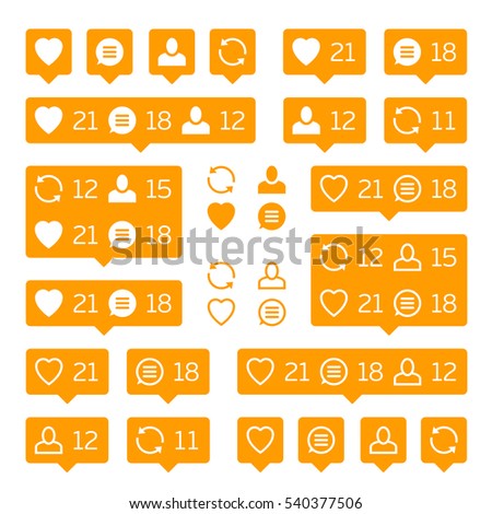 Social network icons pack on white background. Like, comment, follow and repost. Notification Tooltip with heart, user, speech bubble, counter. Orange social network icons pack. 