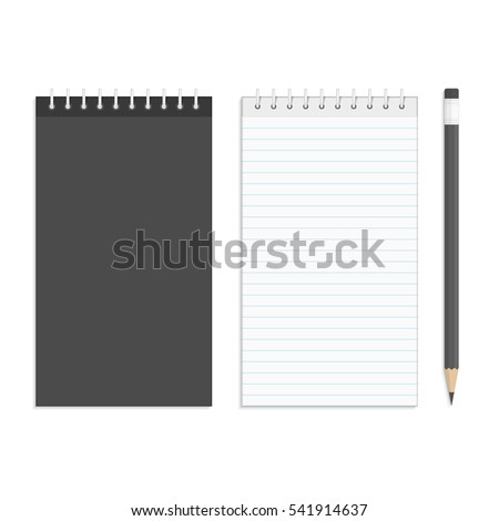 Realistic blank spiral notepad and pencil mockup for your design. Eps 10. Template branding and corporate identity. Notebook mock up, with place for your image, text or corporate elements details.