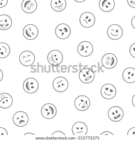 Seamless line pattern with emoticons on white. Black emoji vector background. Smiles face texture template. Modern smileys for textiles, interior design, for book design, website Background. EPS10.