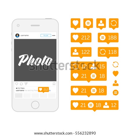 White mobile phone and Social network icons pack isolated on white background. Like, comment, follow and repost orange sign. Notification Tooltip with heart, user, speech bubble, counter. EPS10.