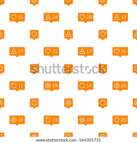 Orange like, comment, follower and repost icons seamless background. Easy to edit fabric print. Social network creative wallpapers. Notification Tooltip with heart, user, speech bubble, counter.