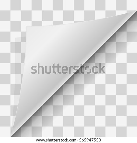 Curled corner of paper with shadow on transparent background. Page curl on blank sheet of Papers. Element for advertising and promotional message on transparent background. Vector illustration EPS 10.