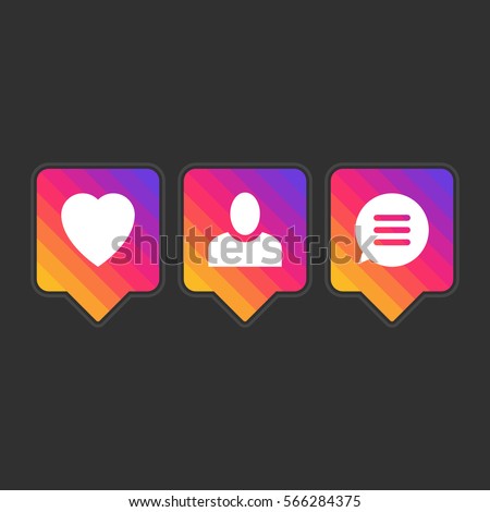 Like follower comment icon set. Bright colors social network icons pack isolated on black background. Notification tooltip with heart, user, speech bubble, counter. App symbol template. Vector EPS 10.