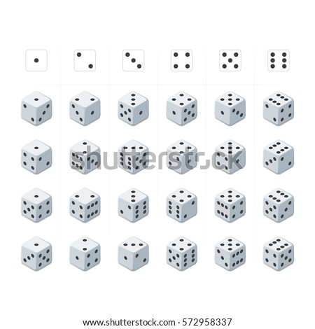 24 isometric dice. Twenty-four variants white game cubes isolated on white background. All possible turns authentic collection icons in realistic style. Gambling concept. Vector illustration EPS 10.