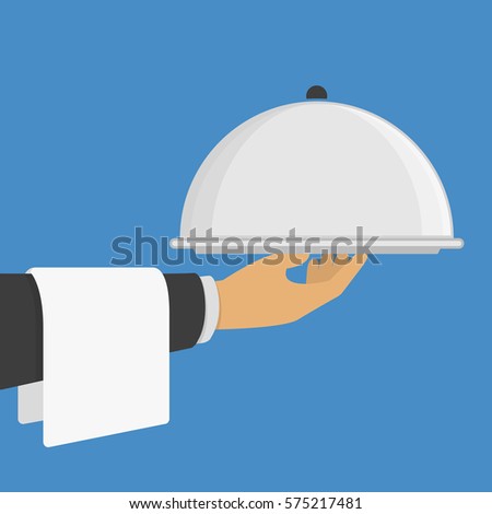 Silver cloche in the hand. Restaurant plate in hands the waiter. Food serving tray. Vector illustration in modern flat style. EPS 10.
