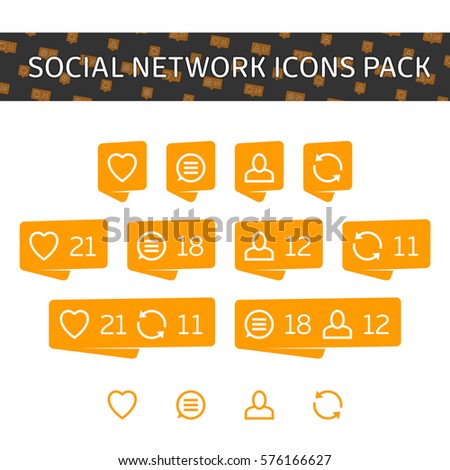 Like, comment, follow and repost. Social network icons pack isolated on white background. Notification Tooltip with heart, user, speech bubble, counter. Modern Orange social network icons pack. EPS 10