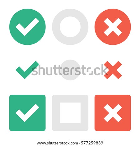 Marks icons set. Checkmark pictograms. Vector confirm and reject design elements. Simple web buttons collection green check mark, red cross and gray neutral. EPS 10.