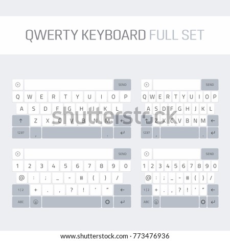 Qwerty keyboard full set. Keyboard of smartphone, alphabet and numbers buttons. Mobile phone keypad vector mock-up. Compact virtual key board for mobile device. Vector illustration EPS 10.