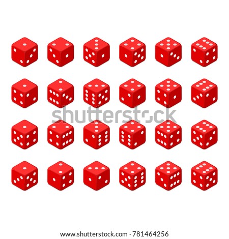 24 isometric dice. Twenty-four variants red game cubes isolated on white background. All possible turns authentic collection icons in realistic style. Gambling concept. Vector illustration EPS 10.