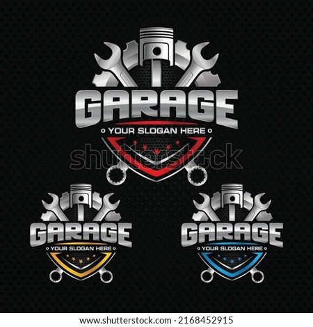 Automotive garage logo.Emblem with piston, gear and wrench element. Perfect logo for the automotive industry.