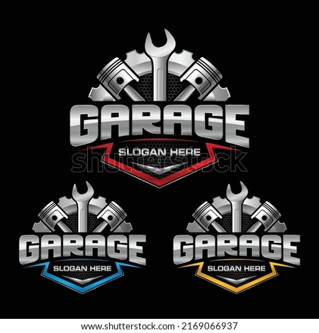 Auto Garage Logo. Combination of automobile tools, gears, pistons, and wrench. Perfect logo for auto services, automobile parts shops, and any other car related businesses. Foto d'archivio © 