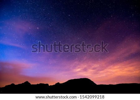 Similar – Image, Stock Photo Night Starry Sky With Glowing Stars Above Countryside Landscape. Rural Field Meadow In Summer. Illumination Lights Of Town On Horizon