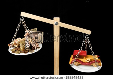 Money and Toy Wooden Car on a Two Pan Balance
