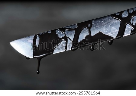Sharp Katana Sword Blade Dripping Black Color Painting