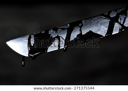 Sharp Katana Sword Blade Dripping Black Color Painting