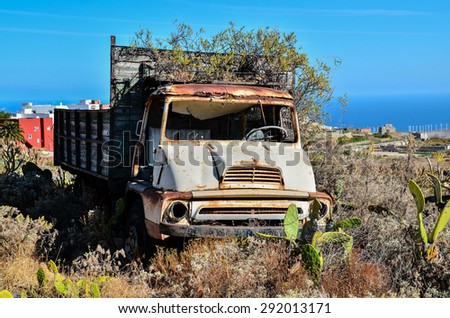 Rusty Abandoned Truck on the Desert, in Canary Islands, Spain