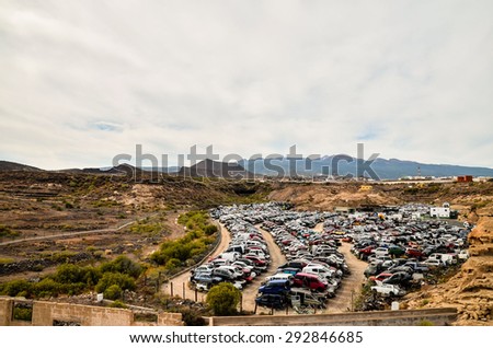 Scrap Yard With Pile Of Crushed Cars in tenerife canary islands spain