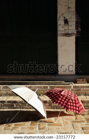 umbrellas in a sunny day, with a bird cage