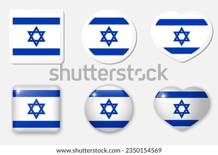 Flag of Israel icons collection. Flat stickers and 3d realistic glass vector elements on white background with shadow underneath.