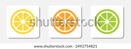 Slices of lime, orange and lemon square icons collection. Stylized minimal vector pictograms on white background.