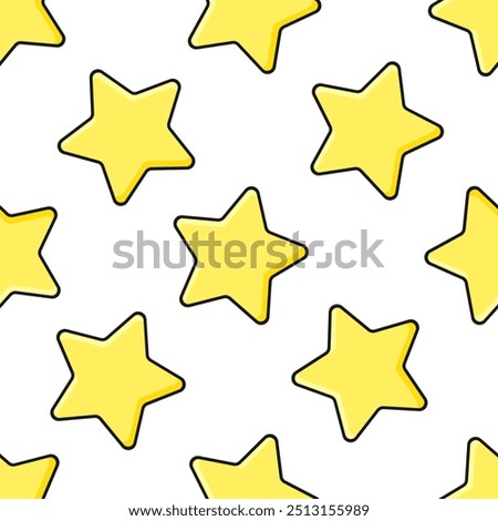 Yellow stars with black outline on white background. Vector seamless pattern. Best for textile, print, wrapping paper, package and festive decoration.