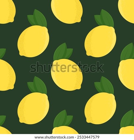 Lemons vector seamless pattern. Yellow fruits with green leaves on black background.