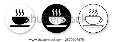 Hot drink round icons collection. Set of three variants in black and white colors.