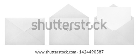 Set of white envelopes (sealed, empty and with a blank paper inside), isolated on white background Сток-фото © 
