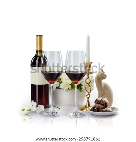 Two glasses of wine for romantic evening, isolated on white