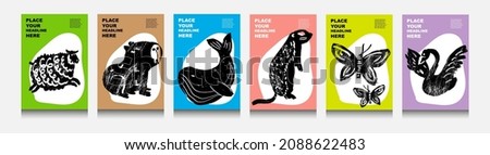 Abstract wild and domesticated  animals: ram, capybara, whale, gopher, butterfly, swan. Set of contemporary asian art print templates. Ink animals with place for text and geometrical shapes